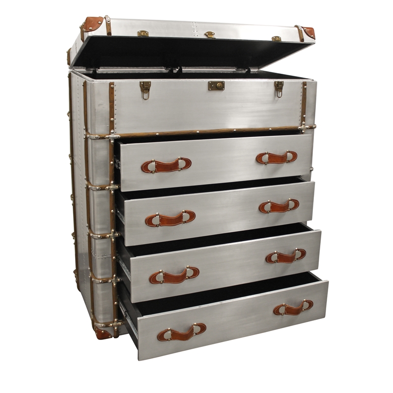 Pemberly Row 4-Drawer Chest Lift Top & Leather Accents Wood w/ Aluminum Cladding