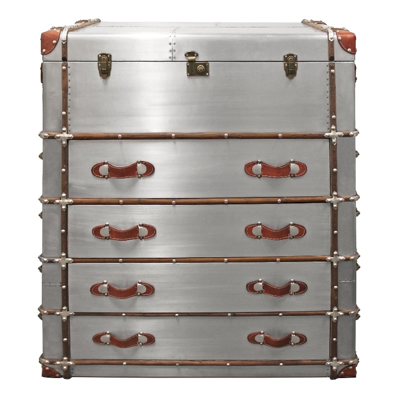 Pemberly Row 4-Drawer Chest Lift Top & Leather Accents Wood w/ Aluminum Cladding