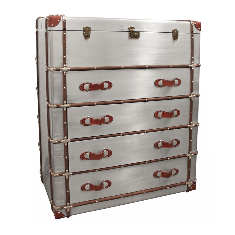 Pemberly Row 4-Drawer Chest Lift Top & Leather Accents Wood w/ Aluminum Cladding