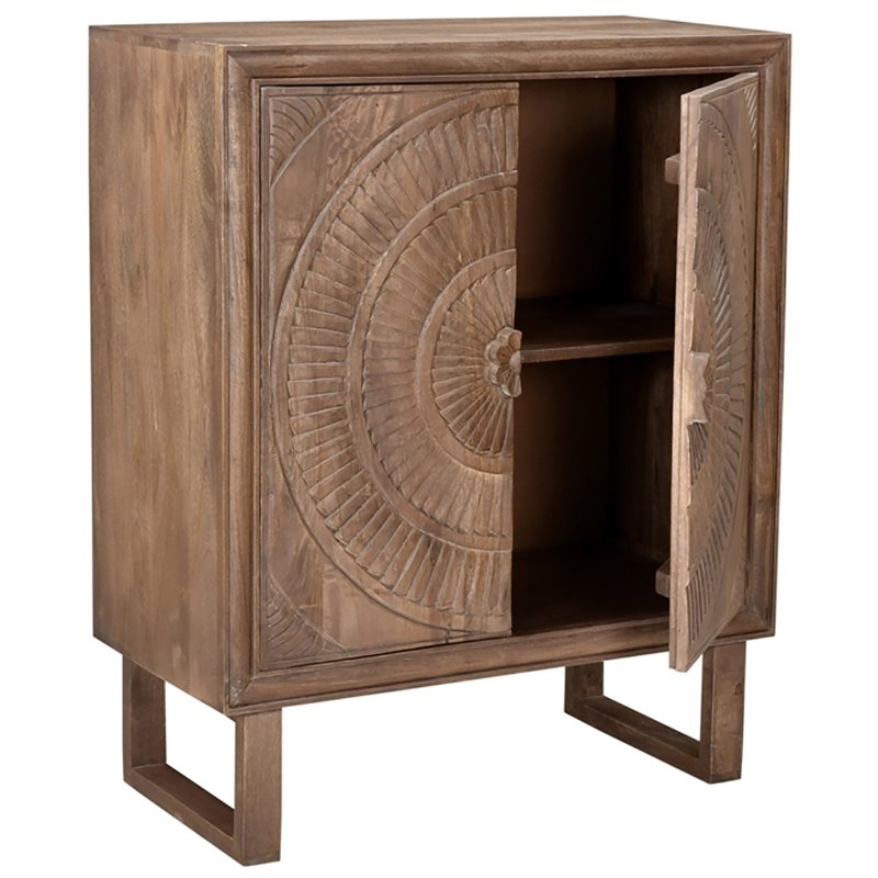 Pemberly Row Solid Wood Cabinet with 2 Hand-Carved Doors in Brown Finish