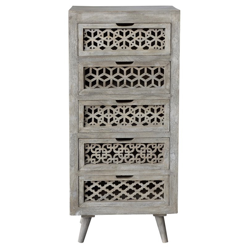 Pemberly Row Solid Wood 5 Drawer Hand-Carved Tall Chest in Gray
