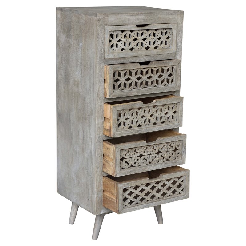 Pemberly Row Solid Wood 5 Drawer Hand-Carved Tall Chest in Gray