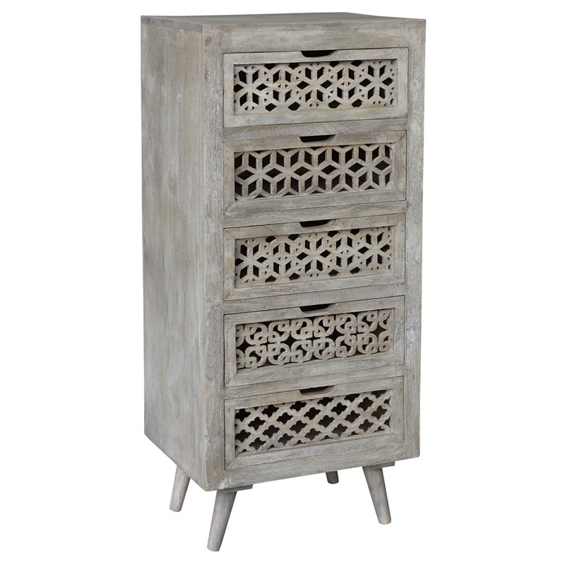 Pemberly Row Solid Wood 5 Drawer Hand-Carved Tall Chest in Gray