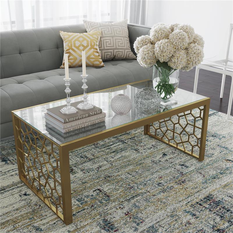 Pemberly Row Modern Glass Top Coffee Table Brass in Tempered Glass