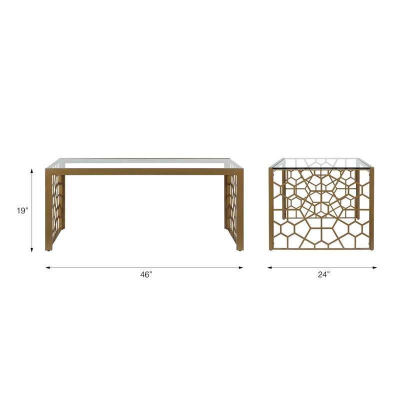 Pemberly Row Modern Glass Top Coffee Table Brass in Tempered Glass