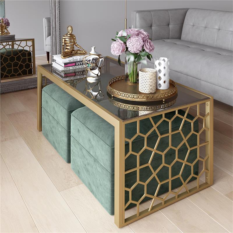 Pemberly Row Modern Glass Top Coffee Table Brass in Tempered Glass