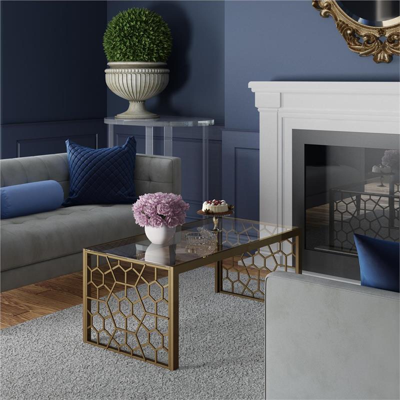 Pemberly Row Modern Glass Top Coffee Table Brass in Tempered Glass