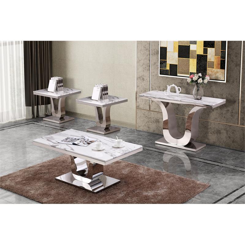 Pemberly Row White Marble 4pc Coffee Table Set w/ Silver Stainless Steel Base