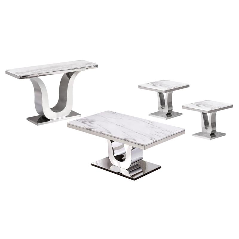 Pemberly Row White Marble 4pc Coffee Table Set w/ Silver Stainless Steel Base