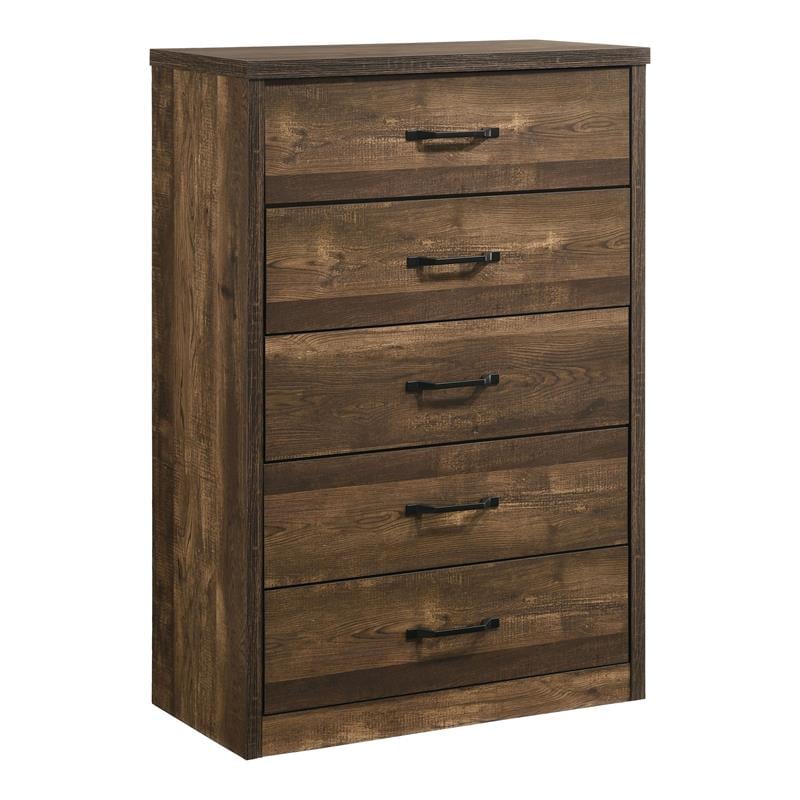 Pemberly Row Contemporary Rustic Wood 5-Drawer Chest in Walnut