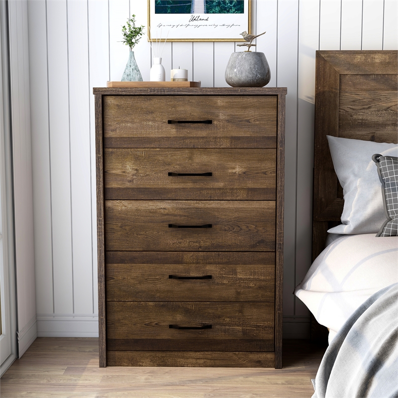 Pemberly Row Contemporary Rustic Wood 5-Drawer Chest in Walnut