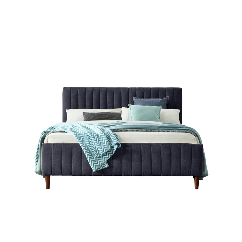 Pemberly Row Wood/Fabric Upholstered Queen Platform Bed in Blue