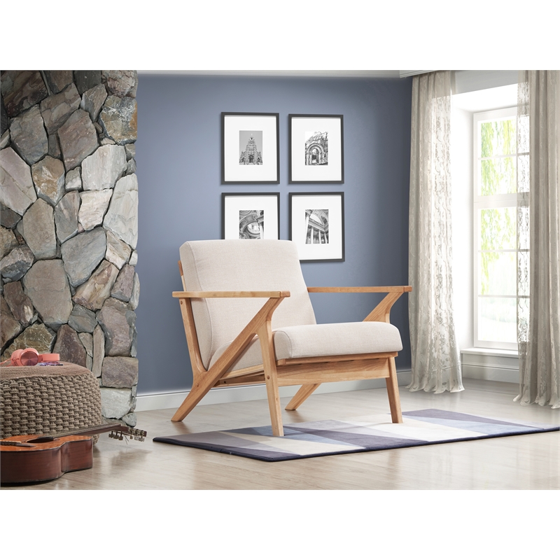Pemberly Row Solid Wood and Fabric Upholstered Accent Armchair in Beige/Oak