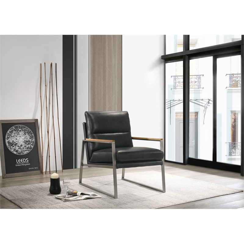 Pemberly Row Stainless Steel & Genuine Leather Accent Chair in Black