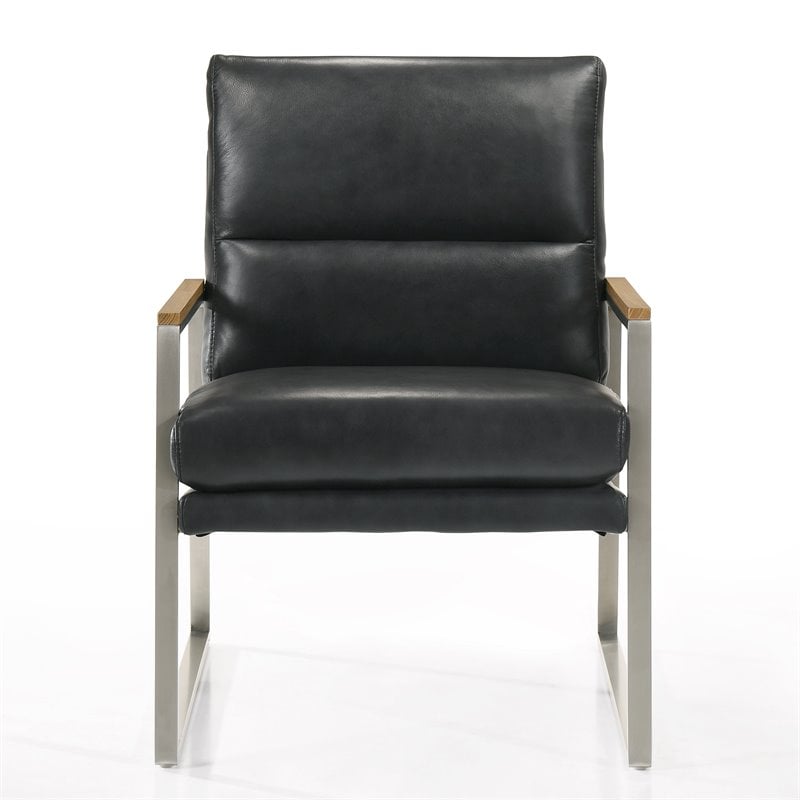 Pemberly Row Stainless Steel & Genuine Leather Accent Chair in Black