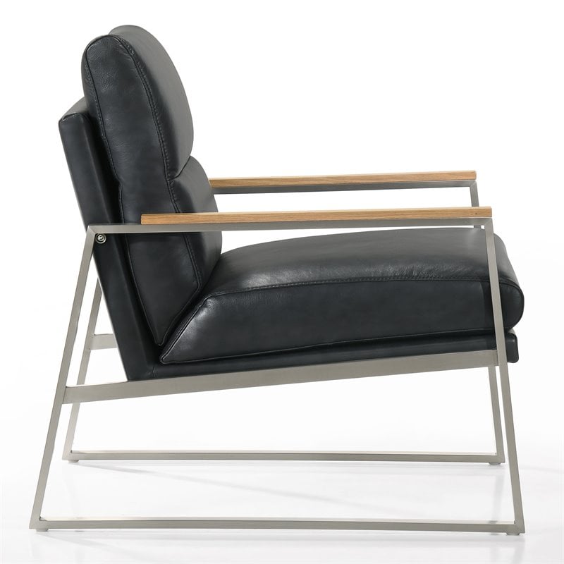 Pemberly Row Stainless Steel & Genuine Leather Accent Chair in Black