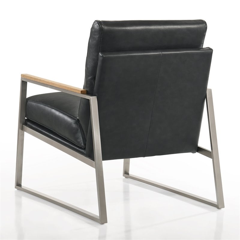 Pemberly Row Stainless Steel & Genuine Leather Accent Chair in Black