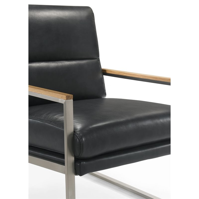 Pemberly Row Stainless Steel & Genuine Leather Accent Chair in Black