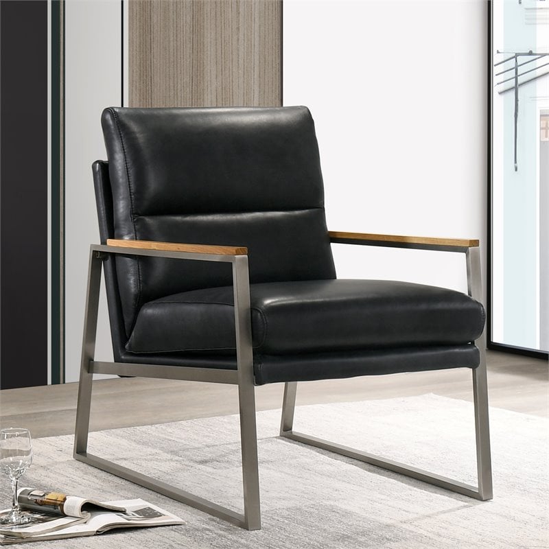 Pemberly Row Stainless Steel & Genuine Leather Accent Chair in Black