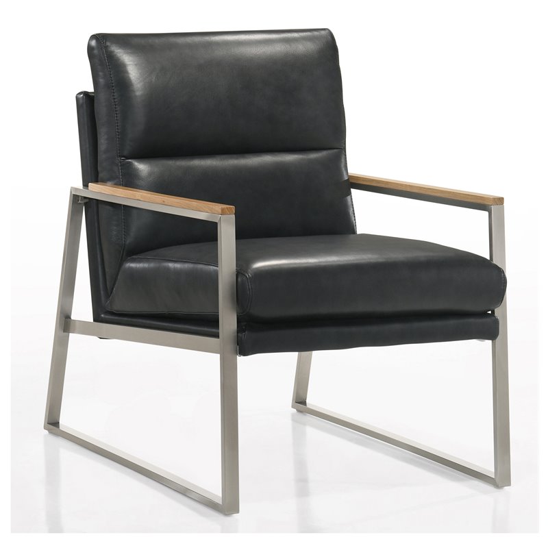 Pemberly Row Stainless Steel & Genuine Leather Accent Chair in Black