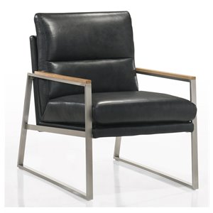 Pemberly Row Stainless Steel & Genuine Leather Accent Chair in Black