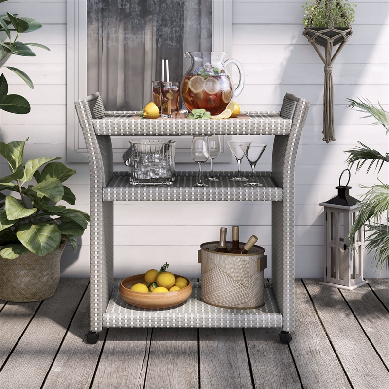 Pemberly Row Modern Outdoor Aluminum Wicker Bar Cart in Gray