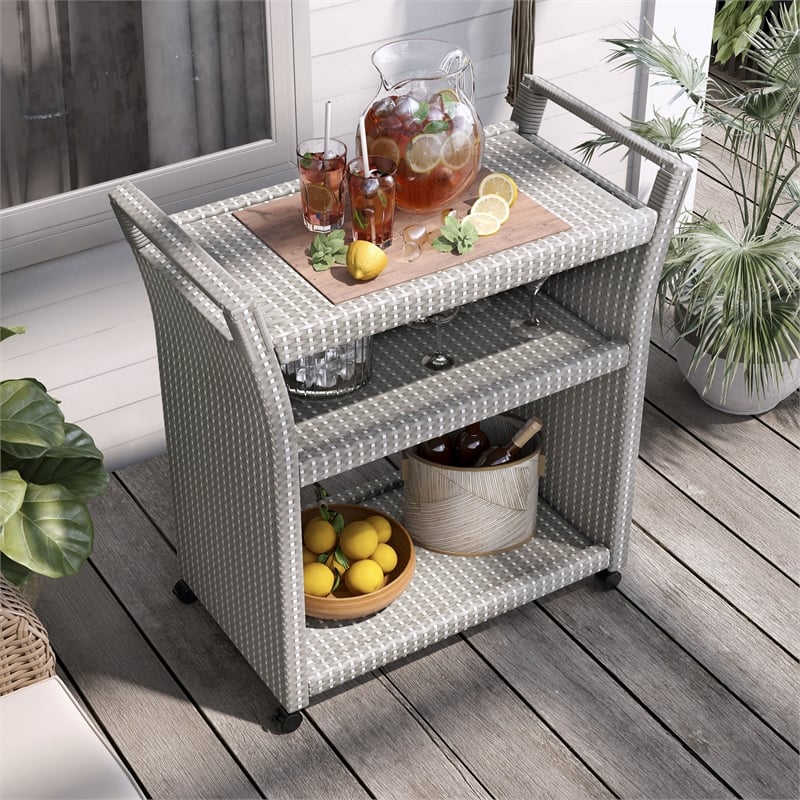 Pemberly Row Modern Outdoor Aluminum Wicker Bar Cart in Gray
