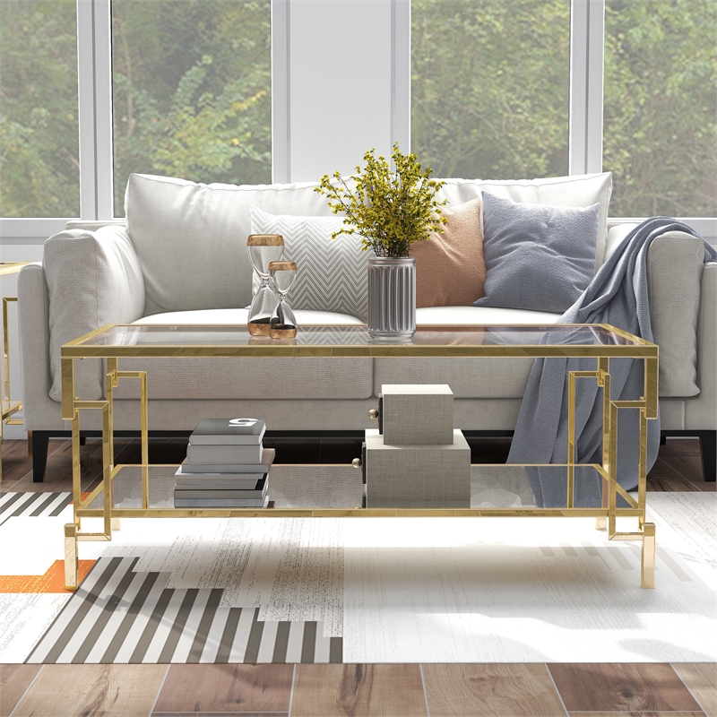 Pemberly Row Modern Metal 1-Shelf Coffee Table in Gold Champagne