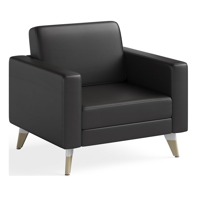 Pemberly Row Contemporary Lounge Chair Resi Wooden Feet Black Leather