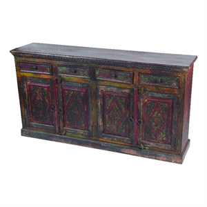 Pemberly Row Mango Solid Wood 4 Door 4 Drawer Hand-Carved Buffet in Brown