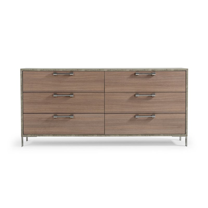 Pemberly Row 6-Drawer Faux Concrete & Stainless Steel Dresser in Oak Brown