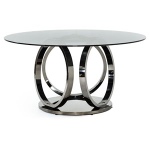 Pemberly Row 59&quot Round Modern Glass & Stainless Steel Dining Table in Clear