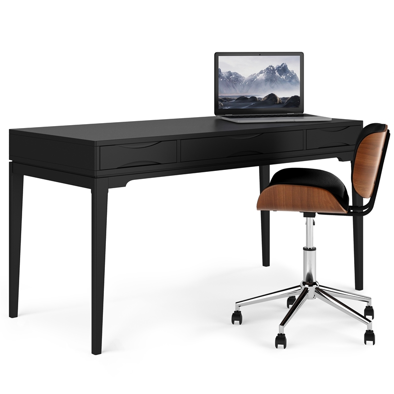 Pemberly Row SOLID HARDWOOD Mid Century Modern 60 inch Wide Desk in Black