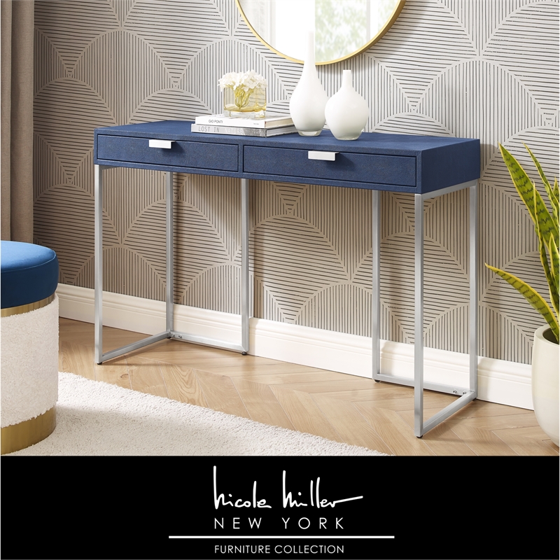 Pemberly Row Contemporary Faux Shagreen Console Table Navy/Chrome