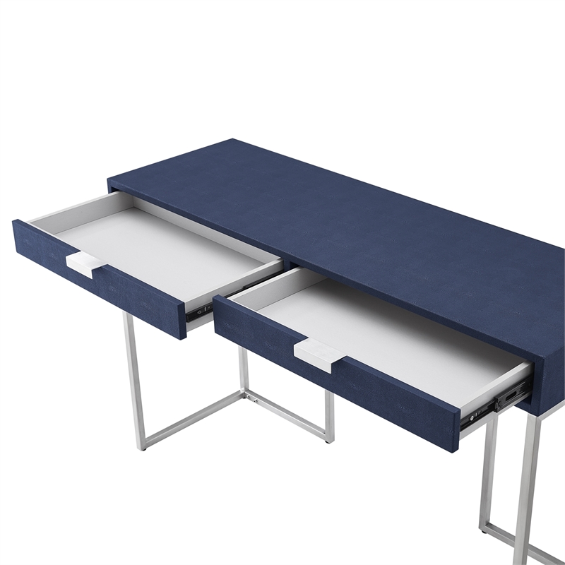 Pemberly Row Contemporary Faux Shagreen Console Table Navy/Chrome