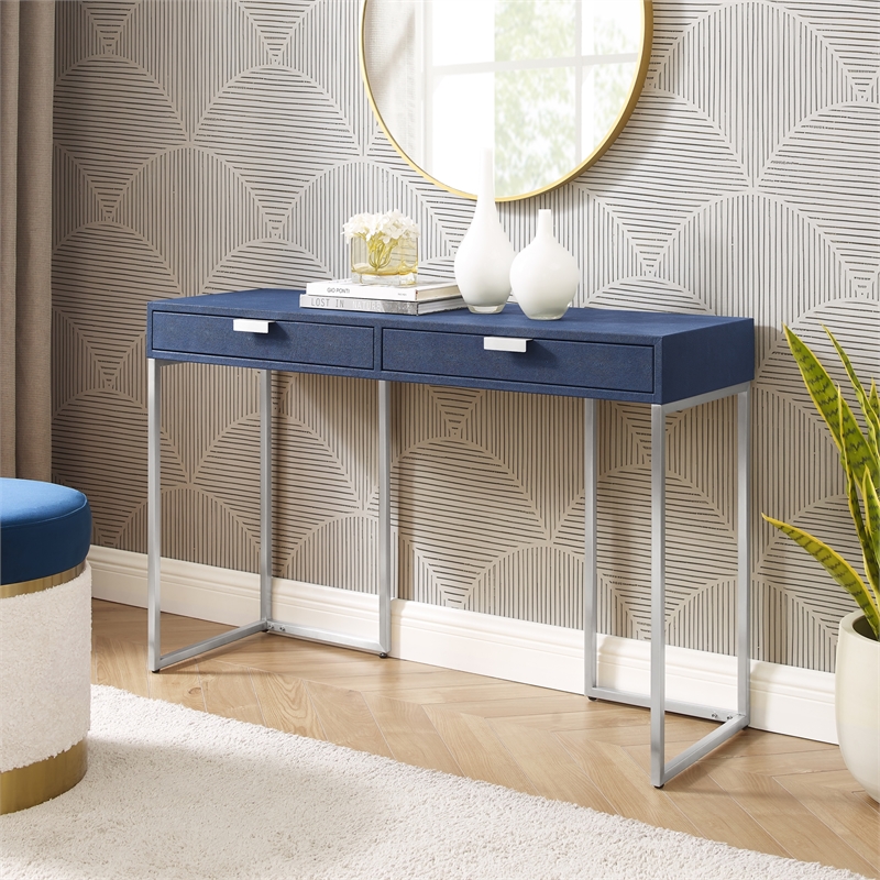 Pemberly Row Contemporary Faux Shagreen Console Table Navy/Chrome