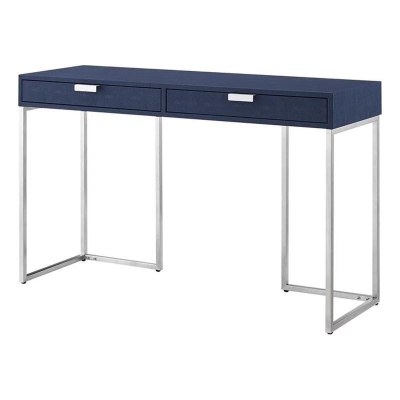 Pemberly Row Contemporary Faux Shagreen Console Table Navy/Chrome