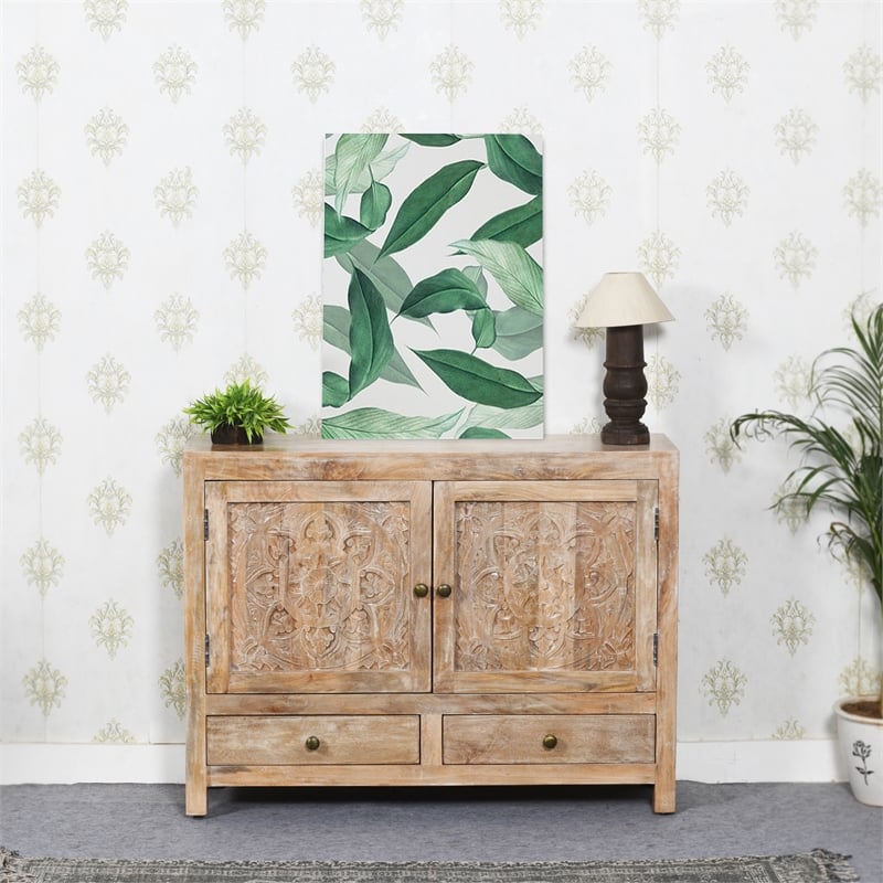 Pemberly Row 2-Door 2-Drawer Solid Wood Accent Cabinet in White Wash