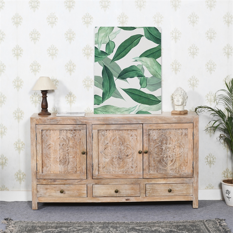 Pemberly Row 3-Door 3-Drawer Solid Wood Accent Cabinet in White Wash