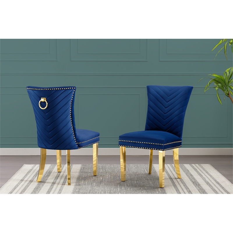 Pemberly Row Set of 2 Navy Blue Velvet Chairs w/ Gold Stainless Steel Legs