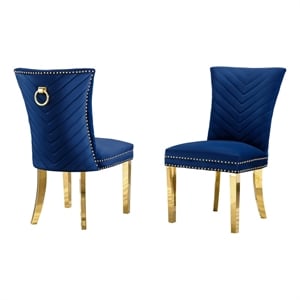Pemberly Row Set of 2 Navy Blue Velvet Chairs w/ Gold Stainless Steel Legs