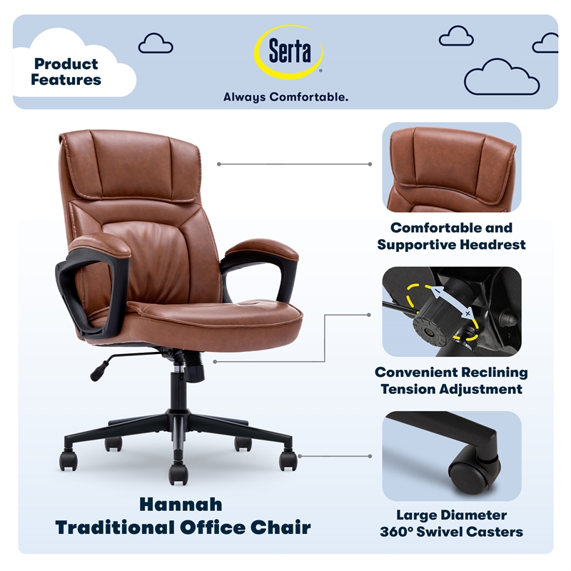 Pemberly Row Office Chair with Headrest Pillow Cognac Leather