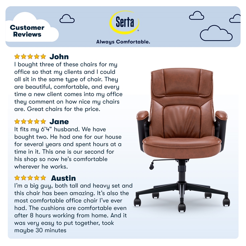 Pemberly Row Office Chair with Headrest Pillow Cognac Leather