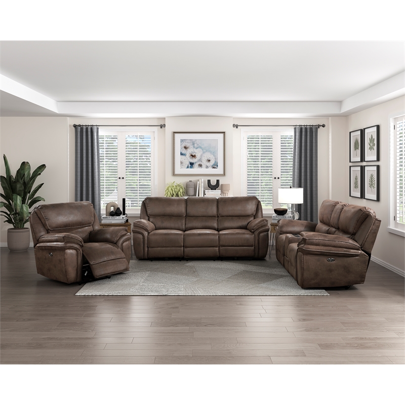 Pemberly Row Microfiber Power Double Reclining Sofa in Brown