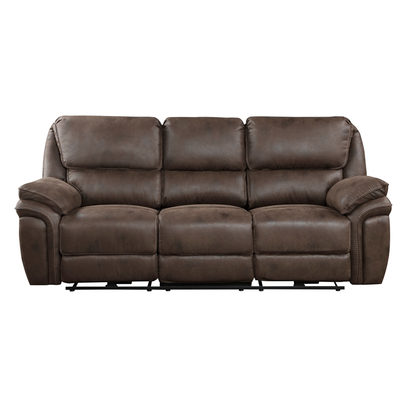 Pemberly Row Microfiber Power Double Reclining Sofa in Brown