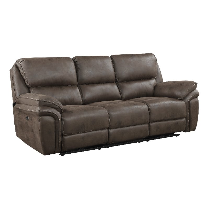 Pemberly Row Microfiber Power Double Reclining Sofa in Brown