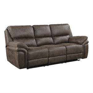 Pemberly Row Microfiber Power Double Reclining Sofa in Brown