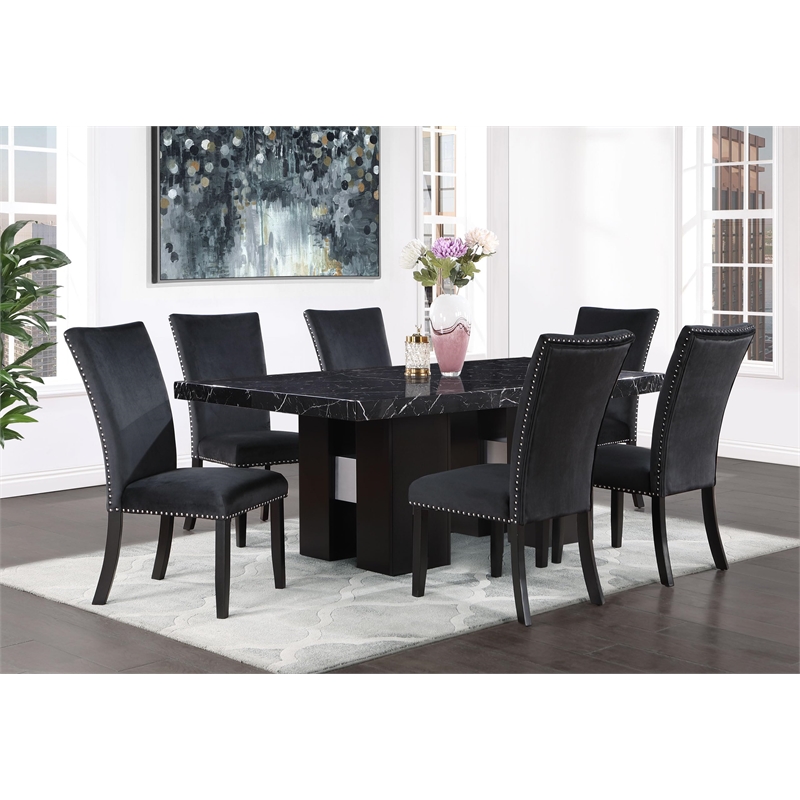 Pemberly Row Black Faux Marble Top and Pedestal Base Dining Table