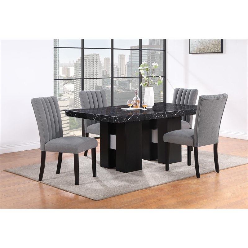 Pemberly Row Black Faux Marble Top and Pedestal Base Dining Table