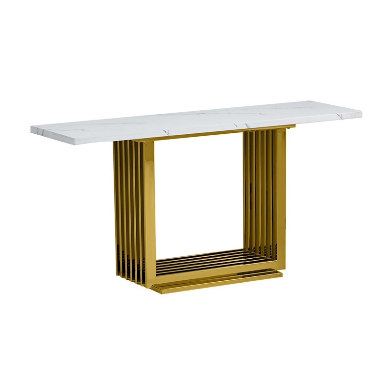 Pemberly Row White Marble Console Table with Gold Steel Base